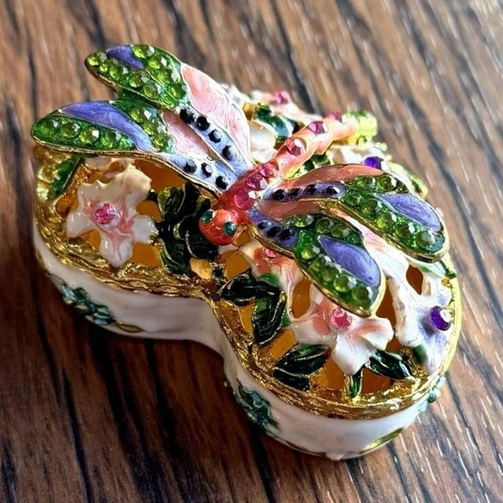 Dragonfly Heart Enamel Trinket Box Hinged Mini Jewelry Box 2.5